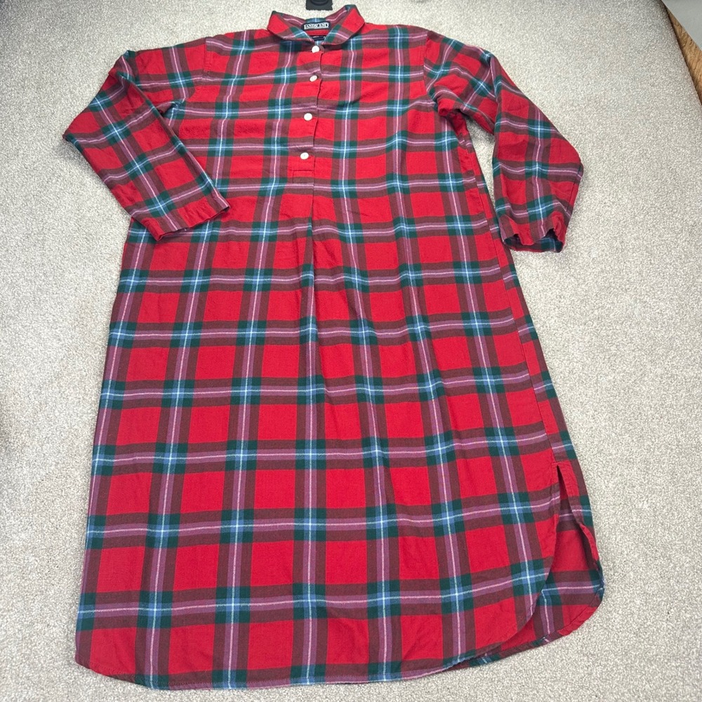 Lands End‎ Womens Plaid Nightgown Long Sleeve Button Up Petite 6 8 Red Green